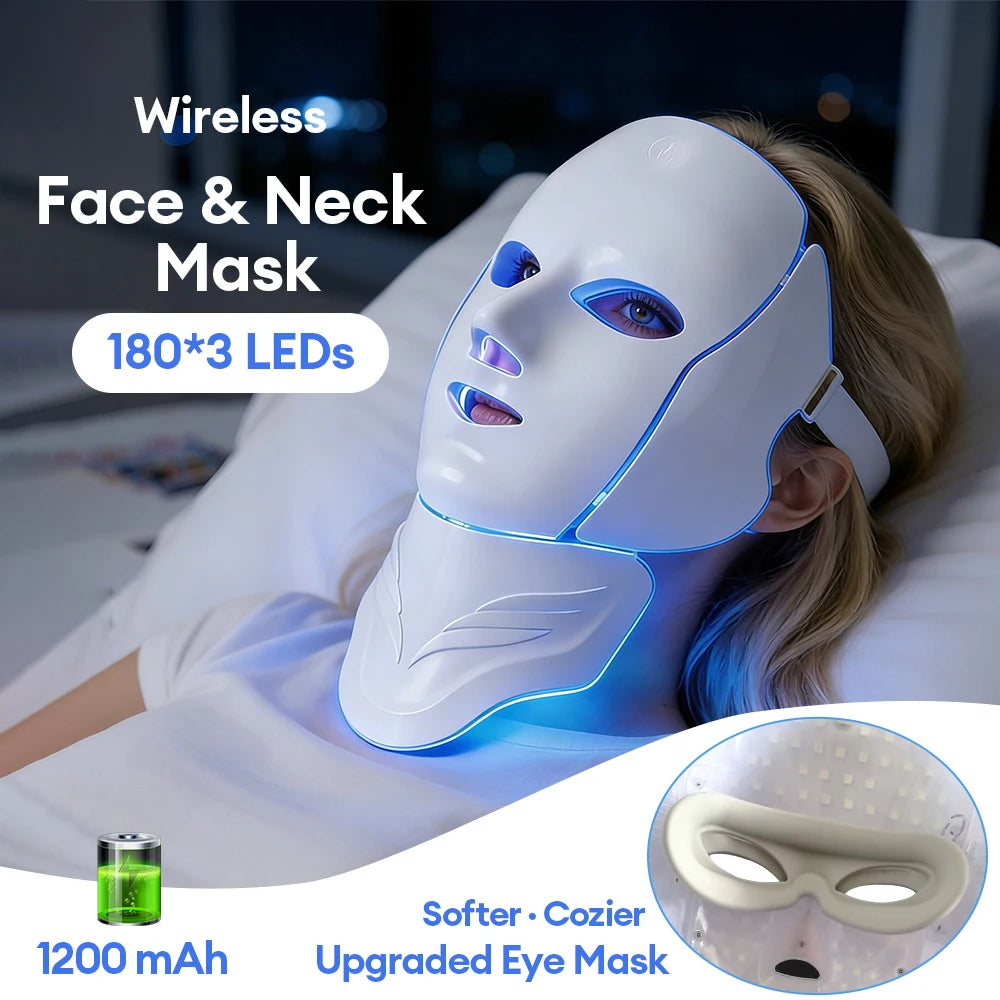 قناع الوجه والرقبة التجميلي بـ 7 ألوان فوتون، قناع وجه لاسلكي LED لإصلاح البشرة وإزالة التجاعيد وتجديد البشرة وشدها والعناية بها