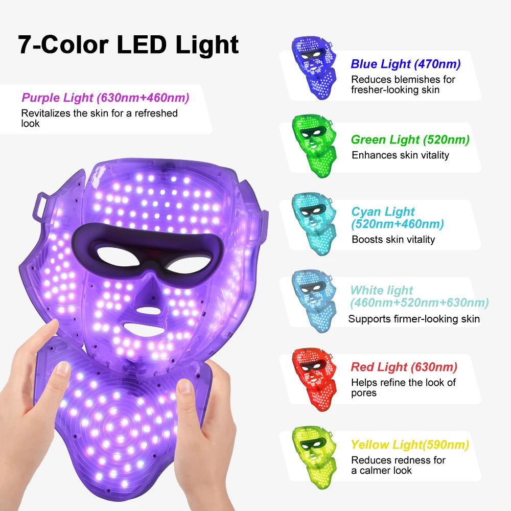 قناع الوجه والرقبة التجميلي بـ 7 ألوان فوتون، قناع وجه لاسلكي LED لإصلاح البشرة وإزالة التجاعيد وتجديد البشرة وشدها والعناية بها